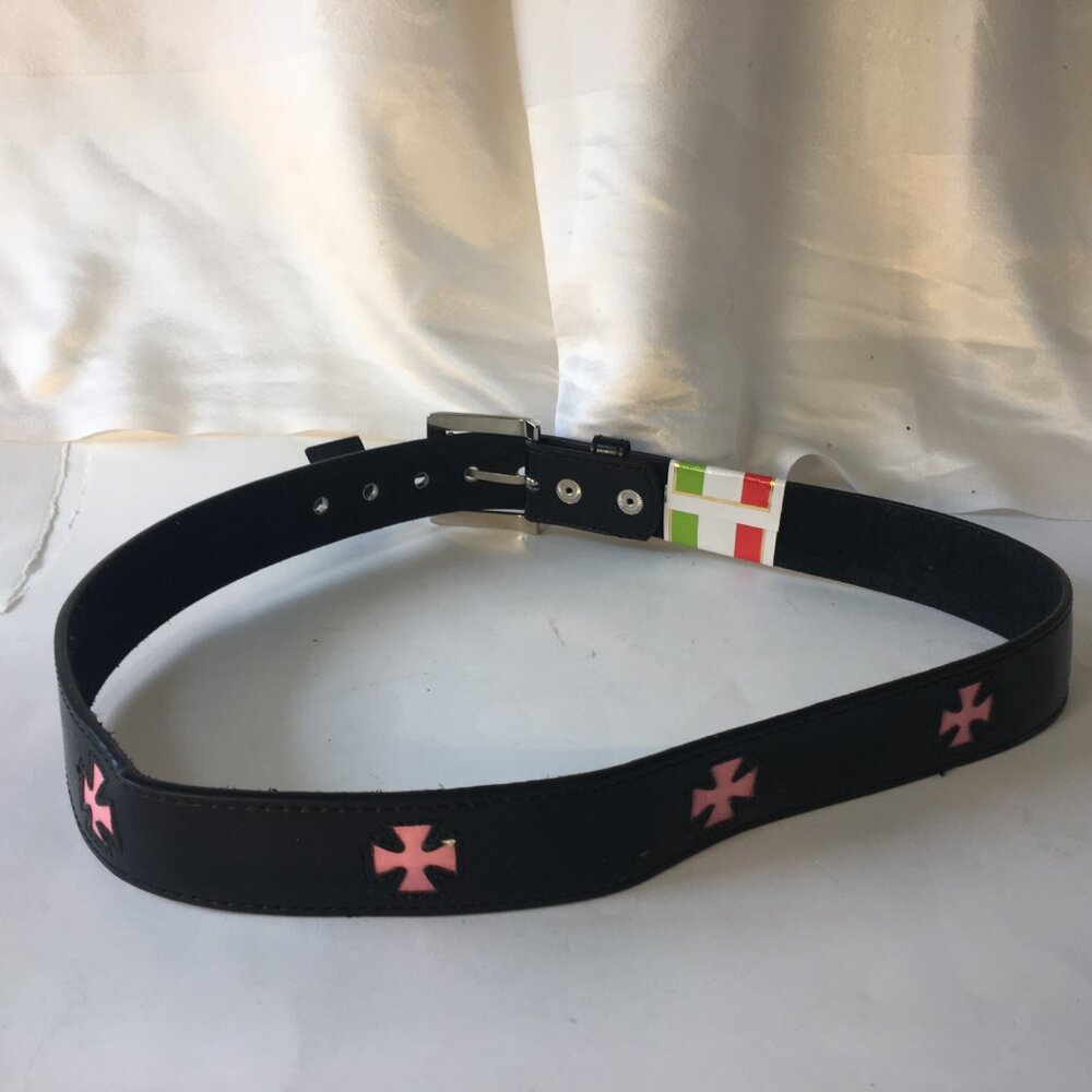 Black Pink Genuine Leather Belt Iron Maltese Cross Made in Italy Med 34" - 36"